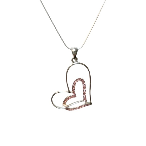 Silver Heart Pendant Necklace w/ Pink Crystal Accents | Romantic Gift - Picture 3 of 4
